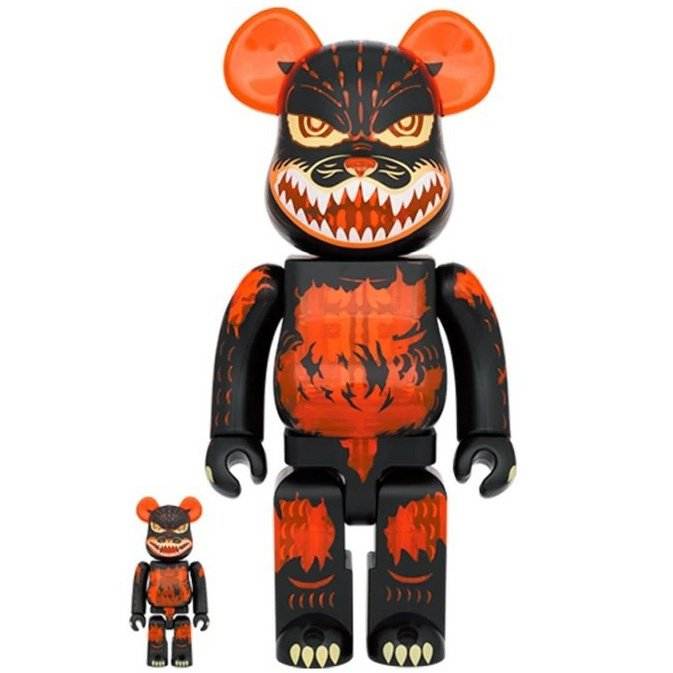 400% & 100% Bearbrick sæt - Melting Godzilla (Clear Orange), 
