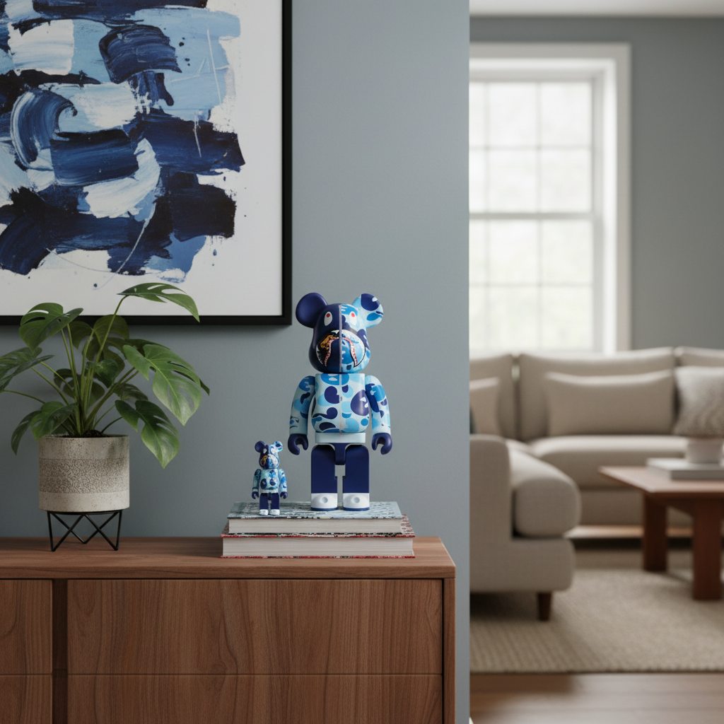 400% & 100% Bearbrick sæt - BAPE - Baby milo Shark Camo, Blå