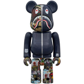 400% & 100% Bearbrick 3 pcs sæt - BAPE(R) LEGACY CAMO SHARK (Navy ver.)-Medicom Toy-Bearbrick