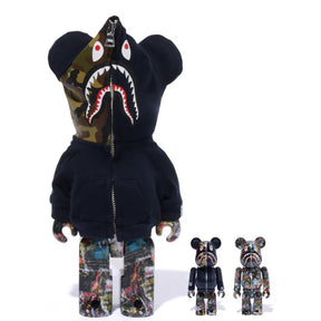400% & 100% Bearbrick 3 pcs sæt - BAPE(R) LEGACY CAMO SHARK (Navy ver.)-Medicom Toy-Bearbrick