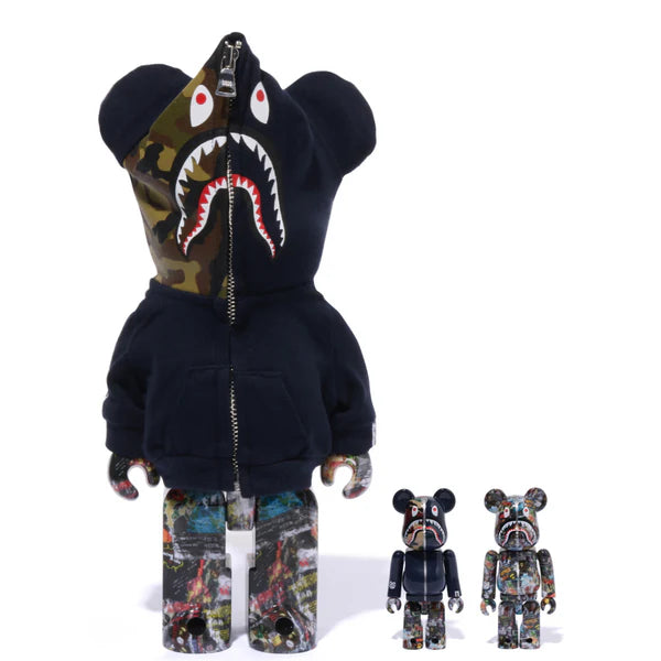 400% & 100% Bearbrick 3 pcs sæt - BAPE(R) LEGACY CAMO SHARK (Navy ver.)-Medicom Toy-Bearbrick